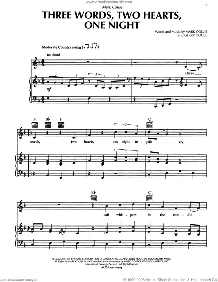Three Words, Two Hearts, One Night sheet music for voice, piano or guitar by Mark Collie and Gerry House, intermediate skill level