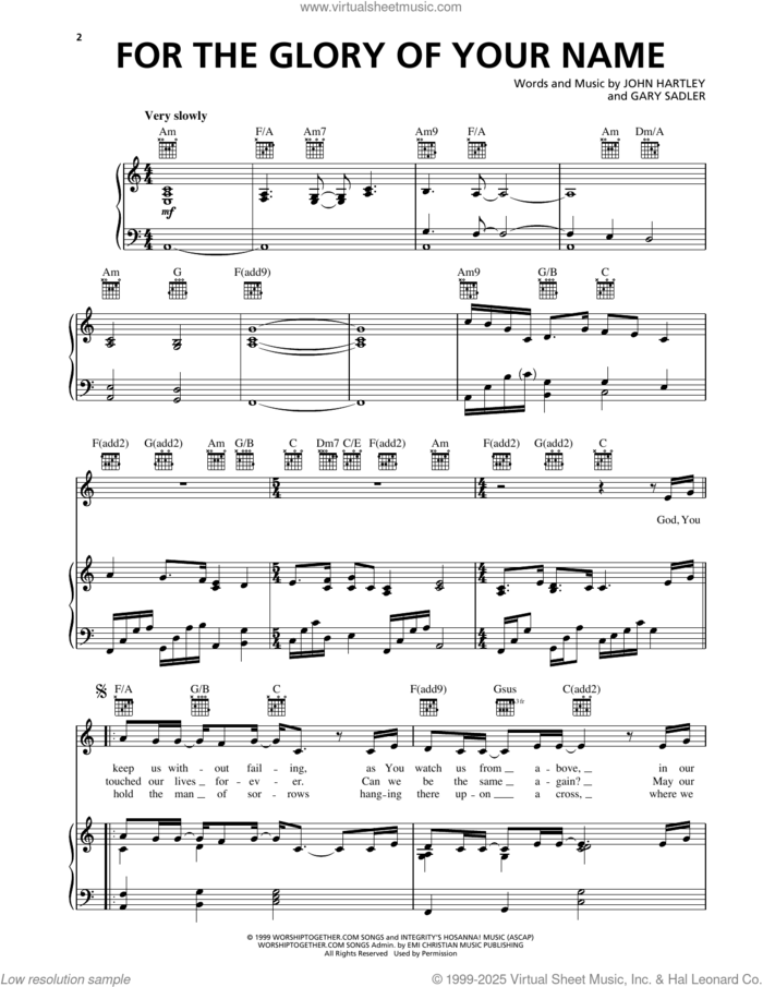 For The Glory Of Your Name sheet music for voice, piano or guitar by Heaven & Earth, Gary Sadler and John Hartley, intermediate skill level