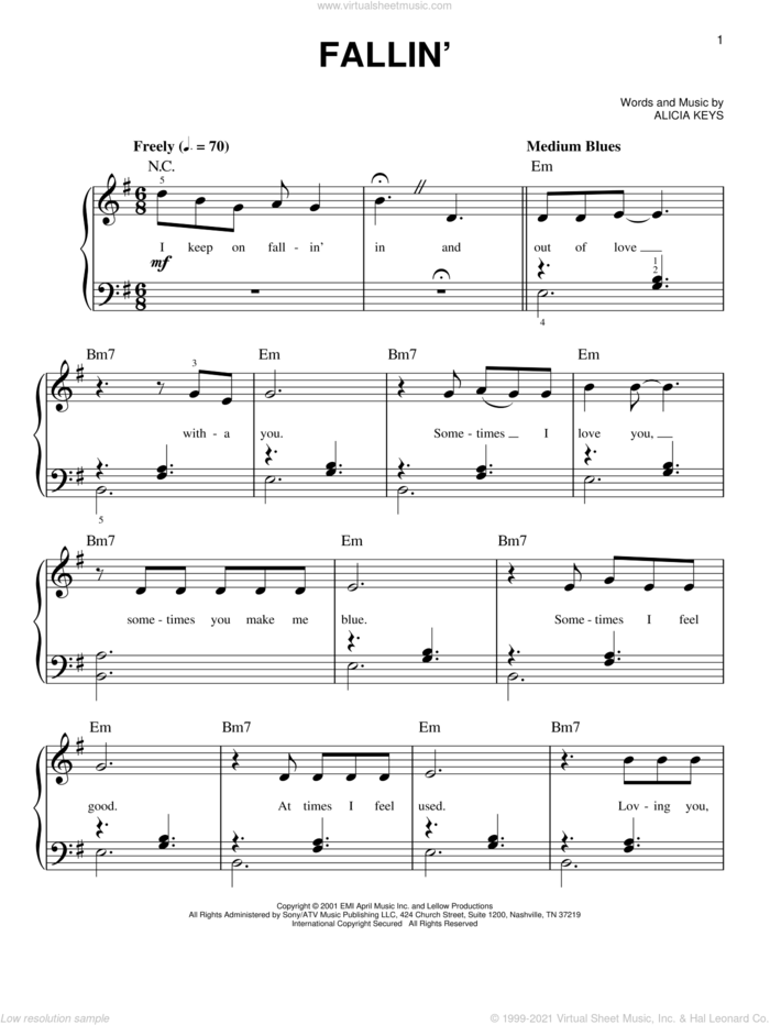 Fallin' sheet music for piano solo by Alicia Keys, wedding score, easy skill level
