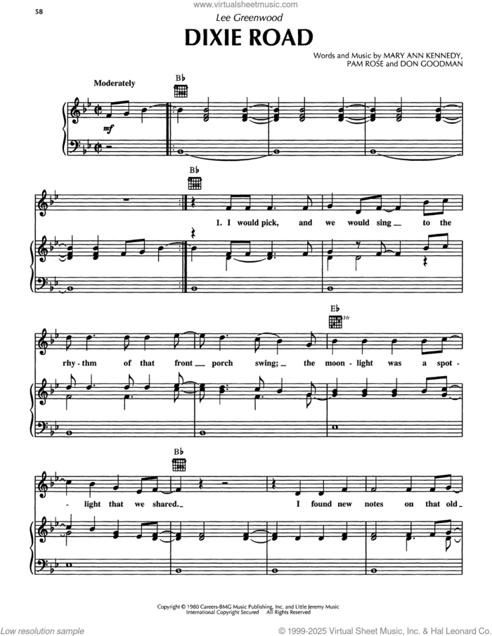 Dixie Road sheet music for voice, piano or guitar by Lee Greenwood, Don Goodman, Mary Ann Kennedy and Pam Rose, intermediate skill level