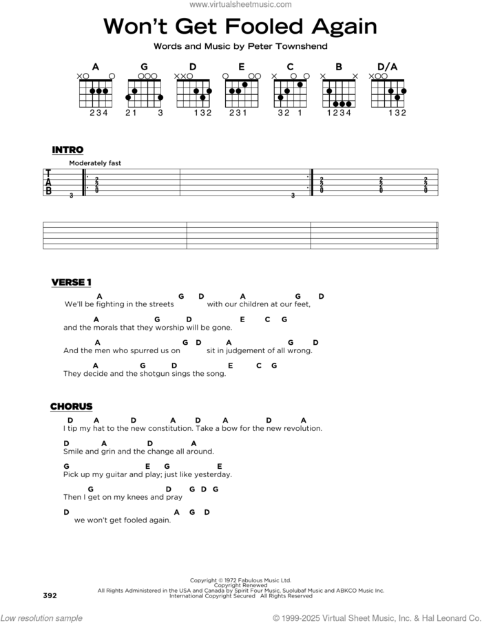 Won't Get Fooled Again sheet music for guitar solo by The Who and Pete Townshend, beginner skill level