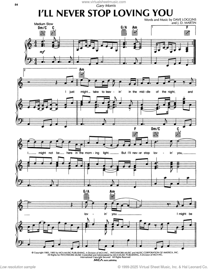 I'll Never Stop Loving You sheet music for voice, piano or guitar by Gary Morris, Dave Loggins and J.D. Martin, intermediate skill level