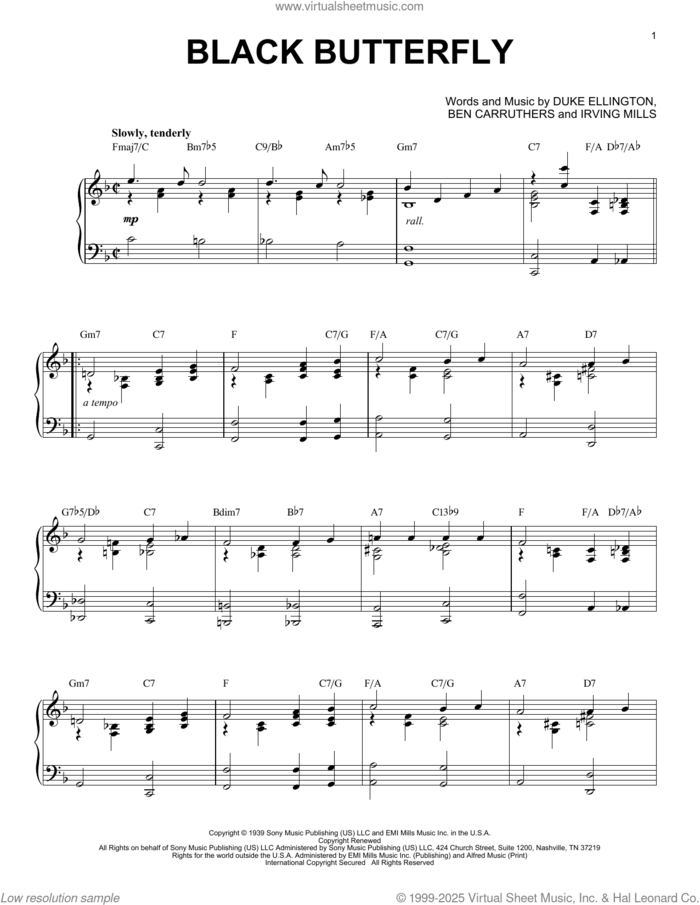 Black Butterfly sheet music for piano solo by Duke Ellington, Ben Carruthers and Irving Mills, intermediate skill level