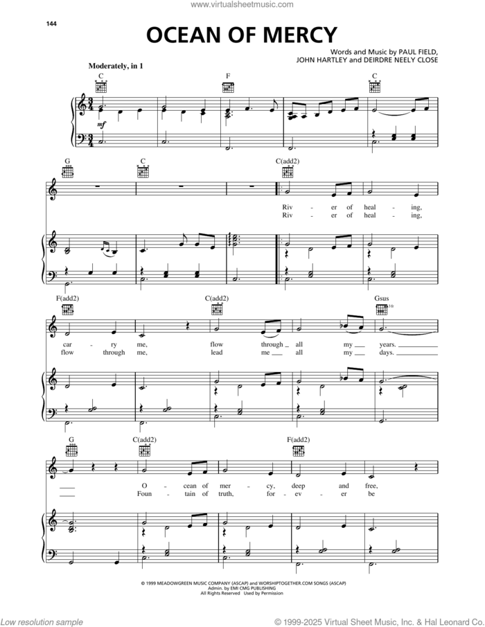 Ocean Of Mercy sheet music for voice, piano or guitar by Heaven & Earth, Deirdre Neely Close, John Hartley and Paul Field, intermediate skill level