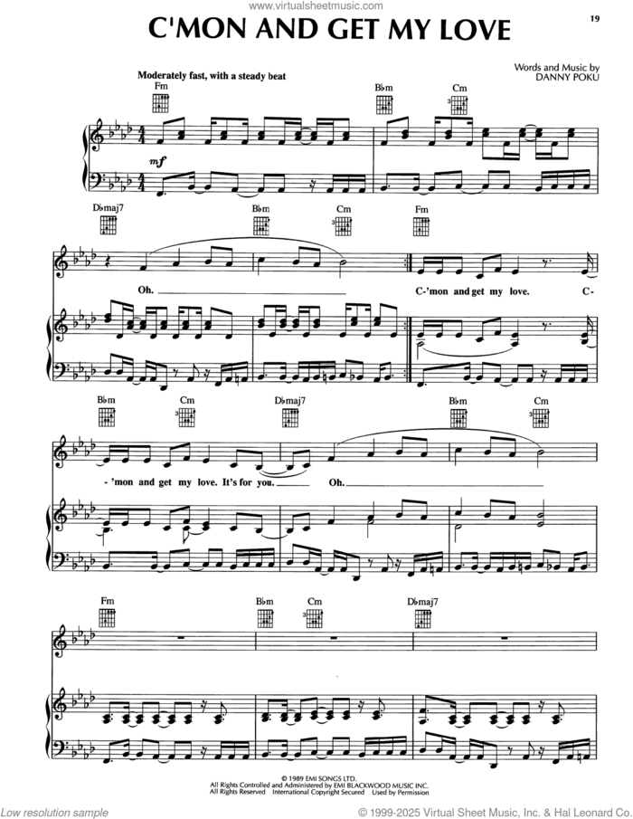 C'mon And Get My Love (feat. Cathy Dennis) sheet music for voice, piano or guitar by Danny Poku, intermediate skill level