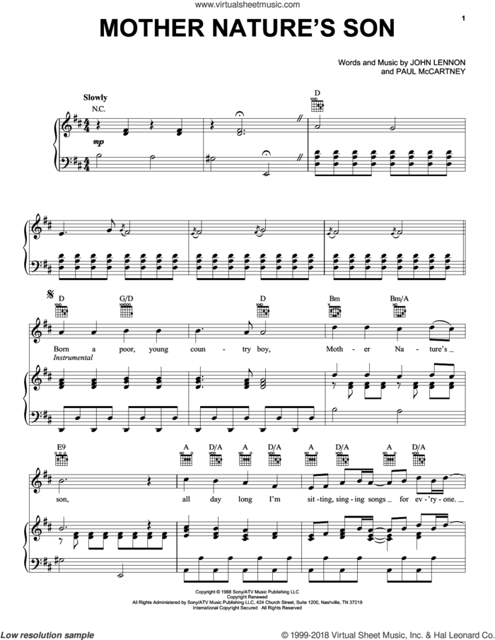 Mother Nature's Son sheet music for voice, piano or guitar by The Beatles, John Lennon and Paul McCartney, intermediate skill level