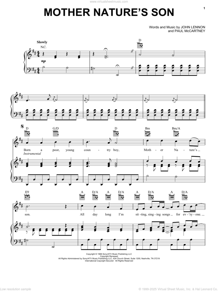 Mother Nature's Son sheet music for voice, piano or guitar by The Beatles, John Lennon and Paul McCartney, intermediate skill level