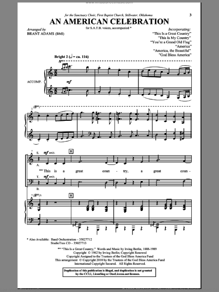 An American Celebration sheet music for choir (SATB: soprano, alto, tenor, bass) by Brant Adams, intermediate skill level