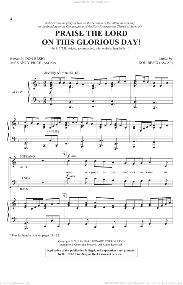 Praise The Lord On This Glorious Day sheet music for choir (SATB: soprano, alto, tenor, bass) by Don Besig and Nancy Price, intermediate skill level