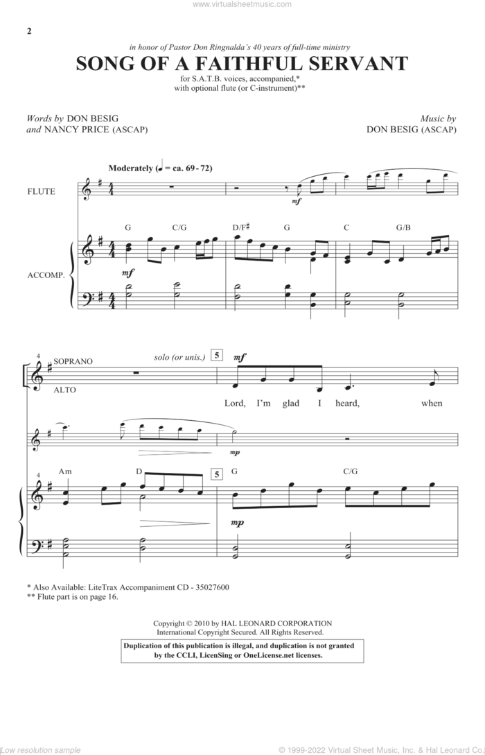 Song Of A Faithful Servant sheet music for choir (SATB: soprano, alto, tenor, bass) by Don Besig and Nancy Price, intermediate skill level