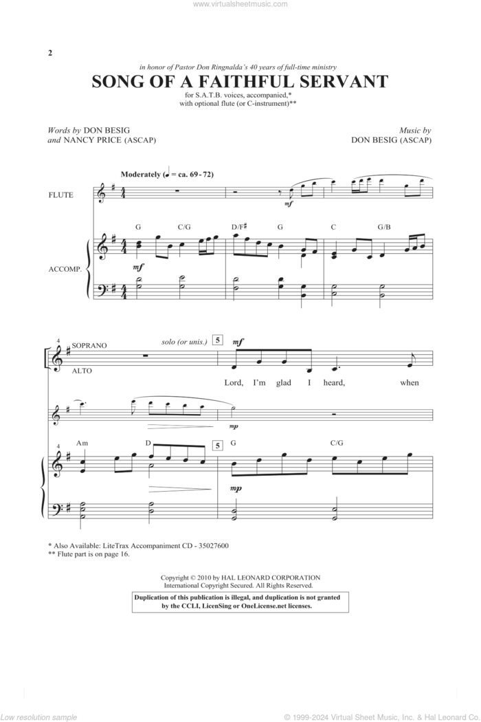 Song Of A Faithful Servant sheet music for choir (SATB: soprano, alto, tenor, bass) by Don Besig and Nancy Price, intermediate skill level