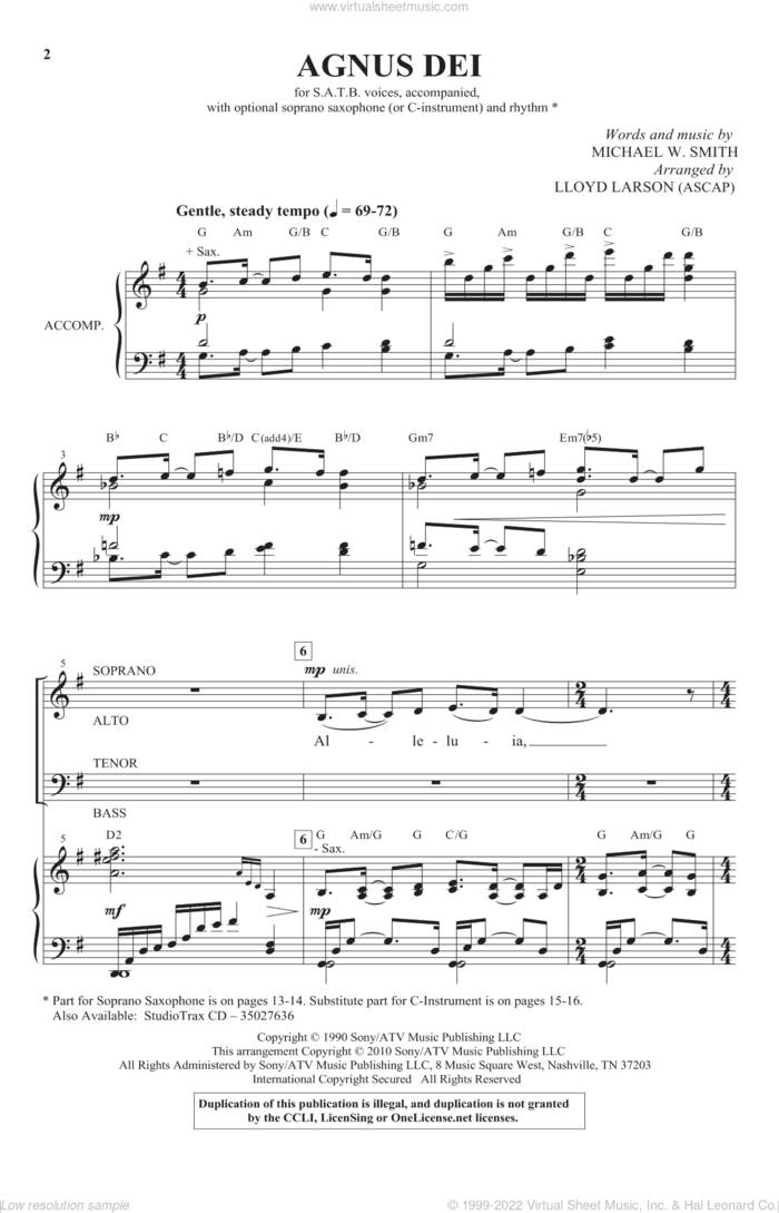 Agnus Dei sheet music for choir (SATB: soprano, alto, tenor, bass) by Michael W. Smith and Lloyd Larson, intermediate skill level