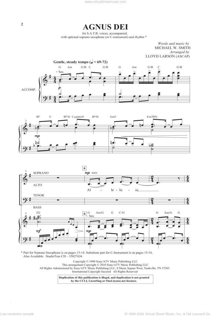 Agnus Dei sheet music for choir (SATB: soprano, alto, tenor, bass) by Michael W. Smith and Lloyd Larson, intermediate skill level