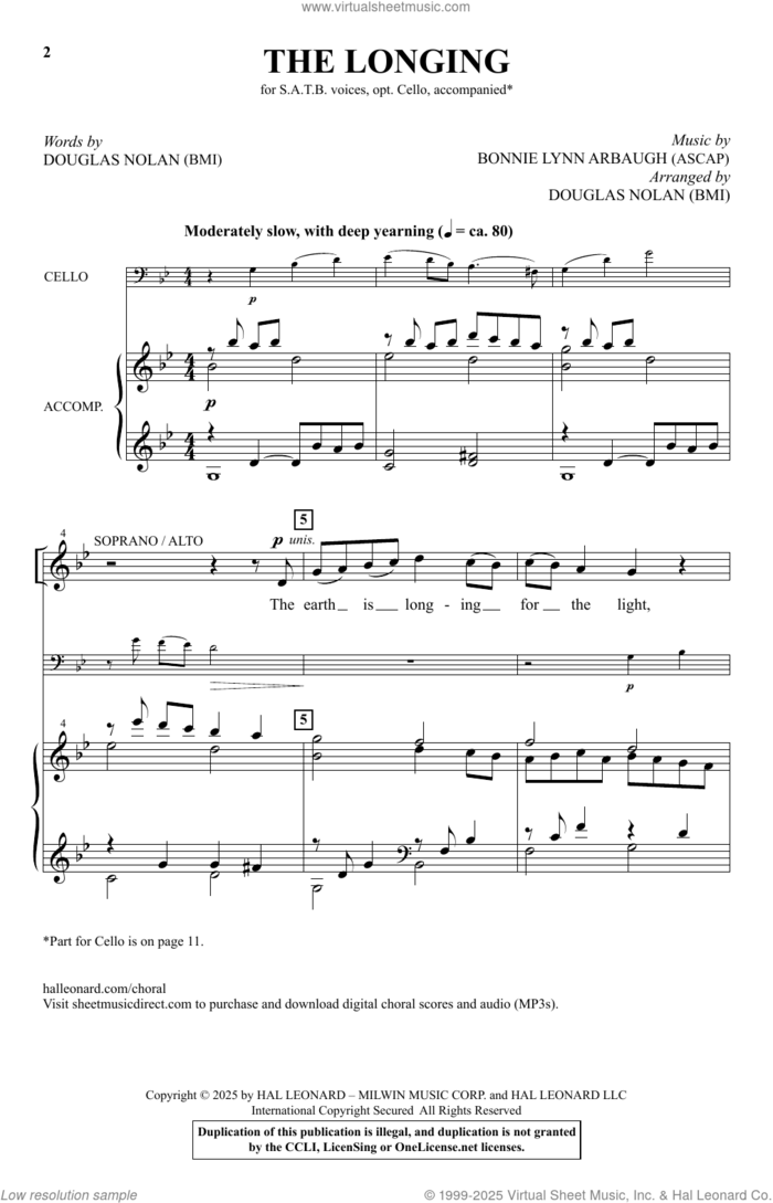 The Longing sheet music for choir (SATB: soprano, alto, tenor, bass) by Douglas Nolan and Bonnie Lynn Arbaugh, intermediate skill level