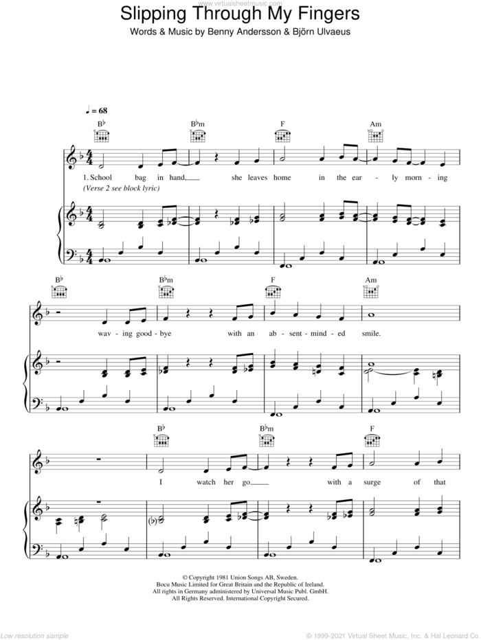Slipping Through My Fingers sheet music for voice, piano or guitar by ABBA, Benny Andersson and Bjorn Ulvaeus, intermediate skill level