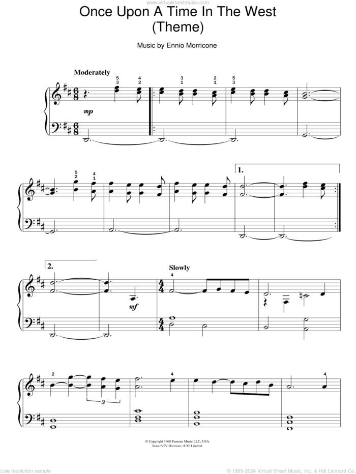 Once Upon A Time In The West (Theme) sheet music for piano solo by Ennio Morricone, easy skill level