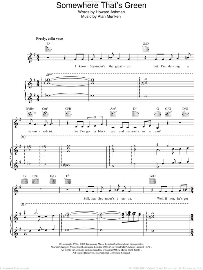 Somewhere That's Green sheet music for voice, piano or guitar by Howard Ashman, Little Shop Of Horrors (Musical) and Alan Menken, intermediate skill level