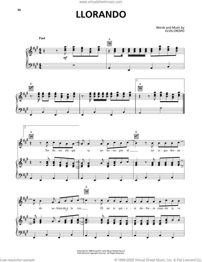 Llorando sheet music for voice, piano or guitar by Elvis Crespo, intermediate skill level