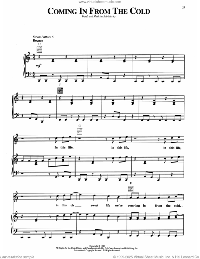 Coming In From The Cold sheet music for voice, piano or guitar by Bob Marley, intermediate skill level