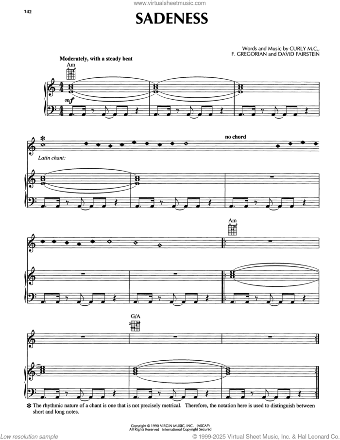 Sadeness sheet music for voice, piano or guitar by Enigma, Curly M.C., David Fairstein and F. Gregorian, intermediate skill level