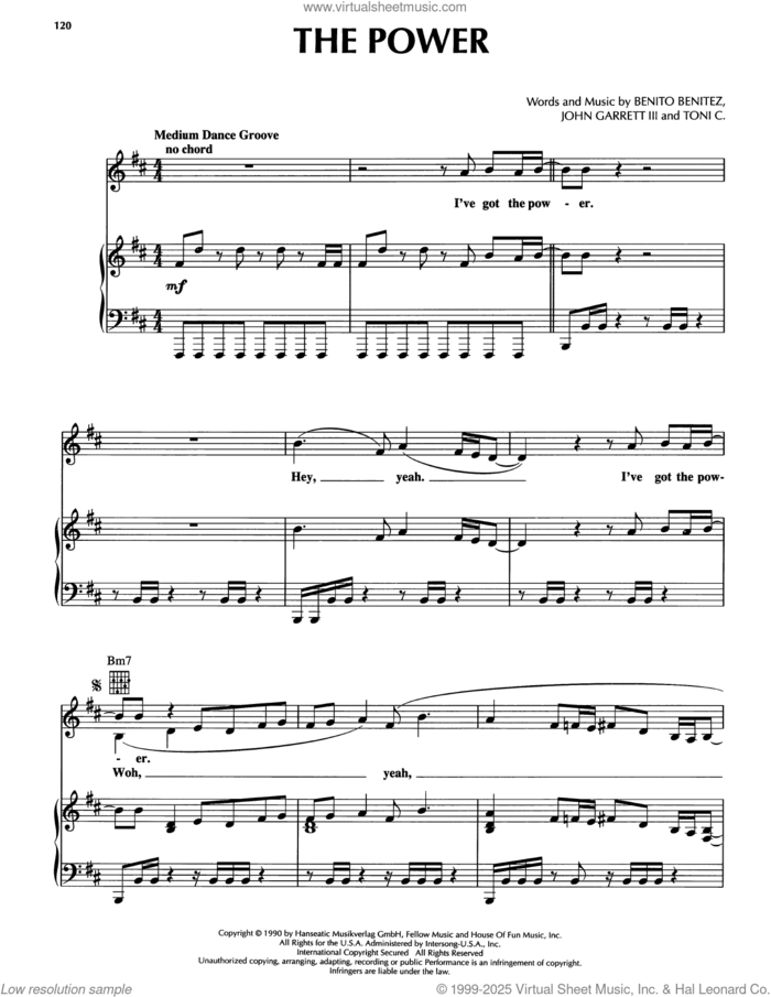 The Power sheet music for voice, piano or guitar by Snap, Benito Benitez, John Garrett Iii and Toni C., intermediate skill level