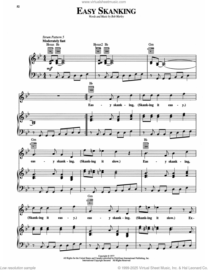 Easy Skanking sheet music for voice, piano or guitar by Bob Marley, intermediate skill level