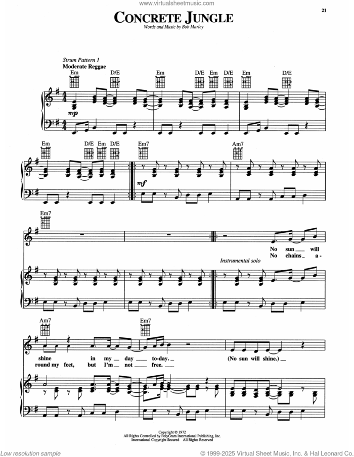 Concrete Jungle sheet music for voice, piano or guitar by Bob Marley, intermediate skill level