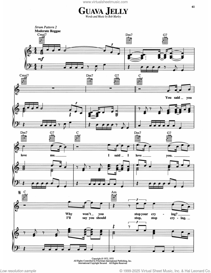 Guava Jelly sheet music for voice, piano or guitar by Bob Marley, intermediate skill level