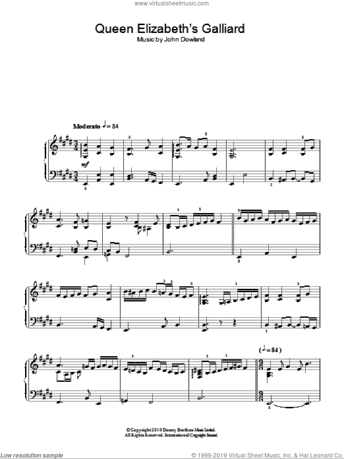 Queen Elizabeth's Galliard sheet music for piano solo by John Dowland, intermediate skill level