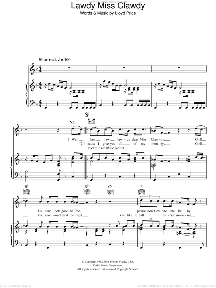 Lawdy Miss Clawdy sheet music for voice, piano or guitar by Elvis Presley and Lloyd Price, intermediate skill level