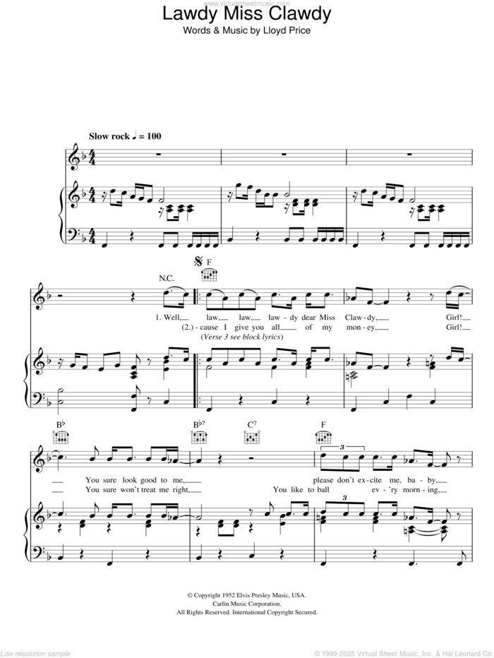 Lawdy Miss Clawdy sheet music for voice, piano or guitar by Elvis Presley and Lloyd Price, intermediate skill level