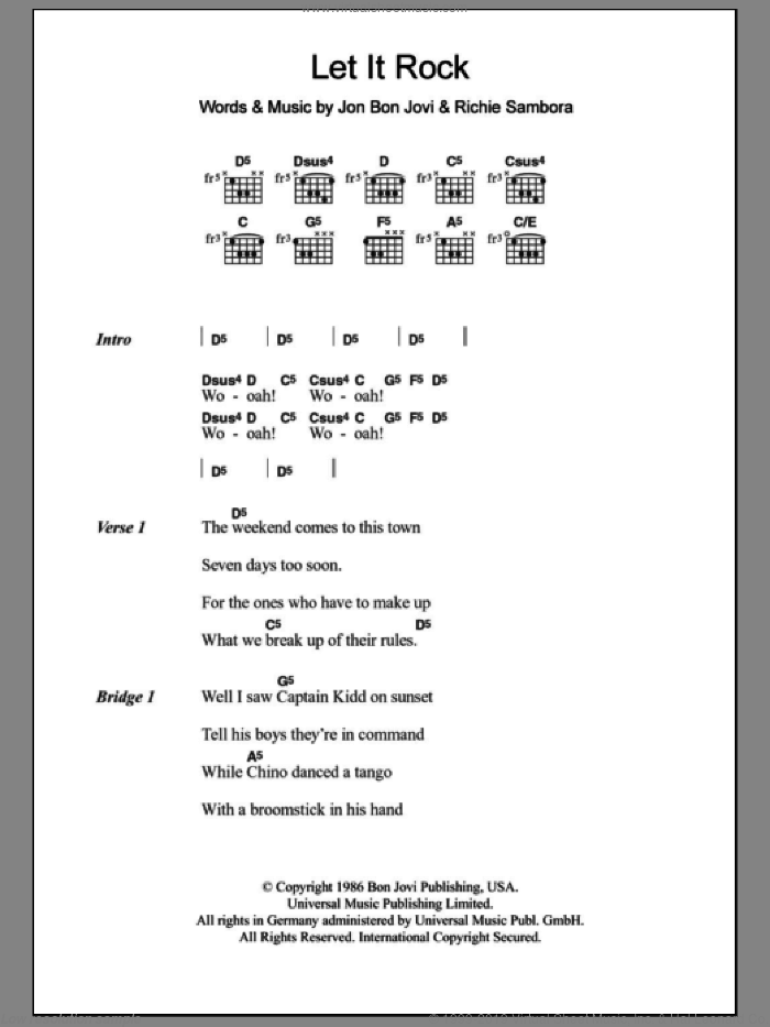 Let It Rock sheet music for guitar (chords) by Bon Jovi and Richie Sambora, intermediate skill level