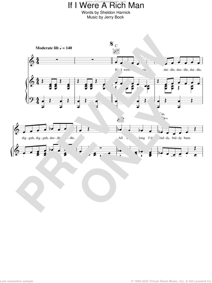 If I Were A Rich Man (from Fiddler On The Roof) sheet music for voice, piano or guitar by Bock & Harnick, Fiddler On The Roof (Musical), Jerry Bock and Sheldon Harnick, intermediate skill level