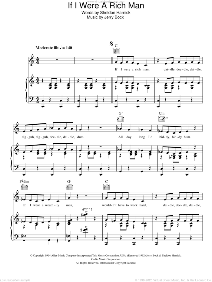 If I Were A Rich Man (from Fiddler On The Roof) sheet music for voice, piano or guitar by Bock & Harnick, Fiddler On The Roof (Musical), Jerry Bock and Sheldon Harnick, intermediate skill level