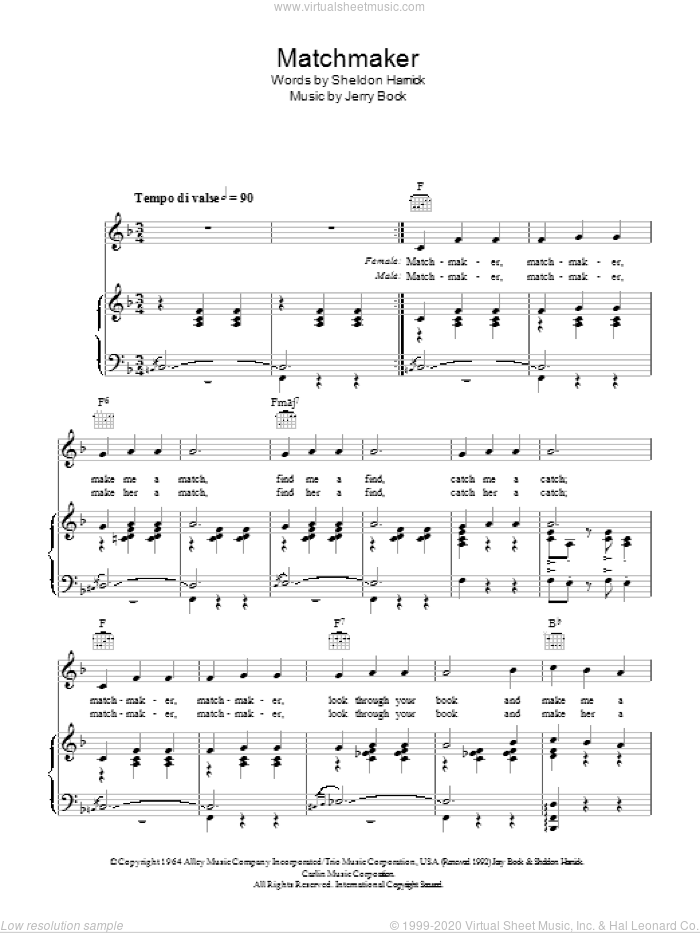 Matchmaker (from Fiddler On The Roof) sheet music for voice, piano or guitar by Bock & Harnick, Fiddler On The Roof (Musical), Jerry Bock and Sheldon Harnick, intermediate skill level
