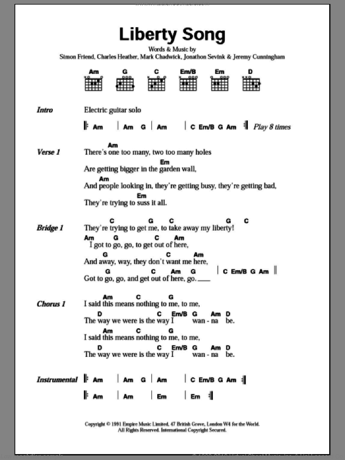 Liberty Song sheet music for guitar (chords) by The Levellers, Charles Heather, Jeremy Cunningham, Jonathan Sevink, Mark Chadwick and Simon Friend, intermediate skill level