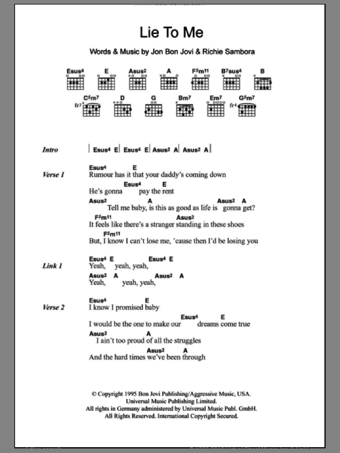 Lie To Me sheet music for guitar (chords) by Bon Jovi and Richie Sambora, intermediate skill level