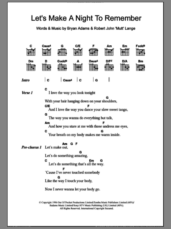 Let's Make A Night To Remember sheet music for guitar (chords) by Bryan Adams and Robert John Lange, intermediate skill level