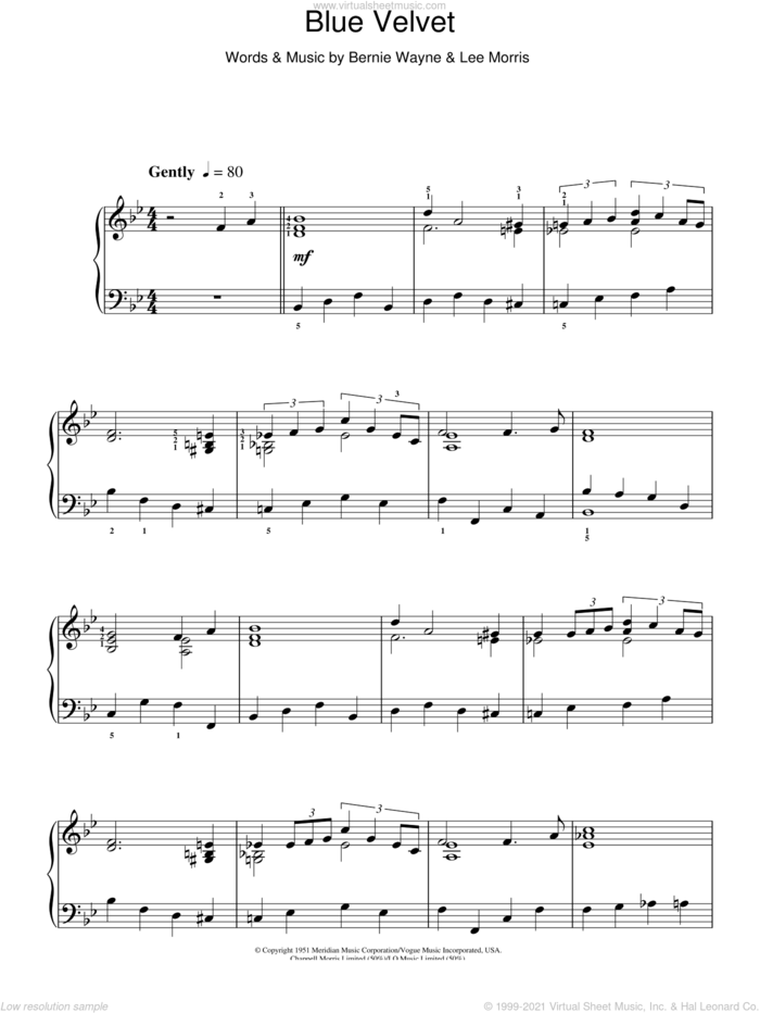 Blue Velvet sheet music for piano solo by Tony Bennett, Bernie Wayne and Lee Morris, intermediate skill level