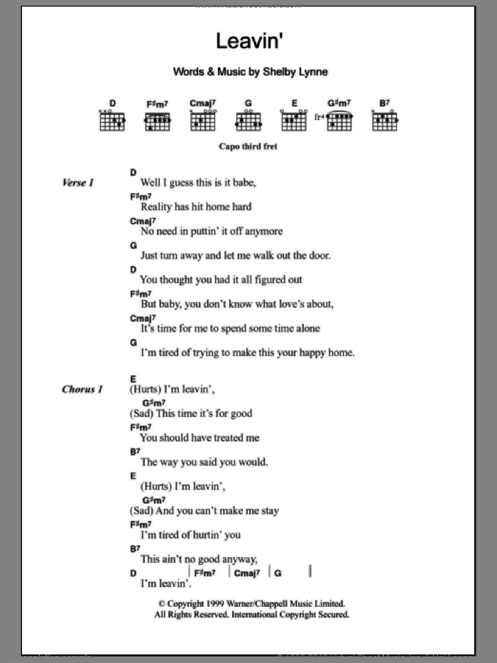 Leavin' sheet music for guitar (chords) by Shelby Lynne, intermediate skill level