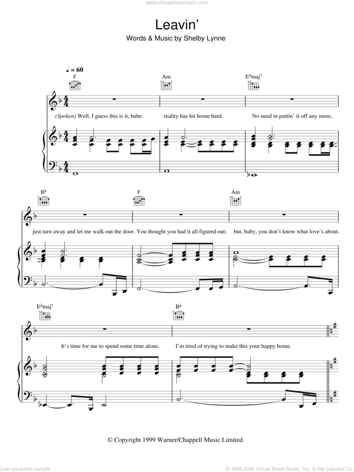 Leavin' sheet music for voice, piano or guitar by Shelby Lynne, intermediate skill level