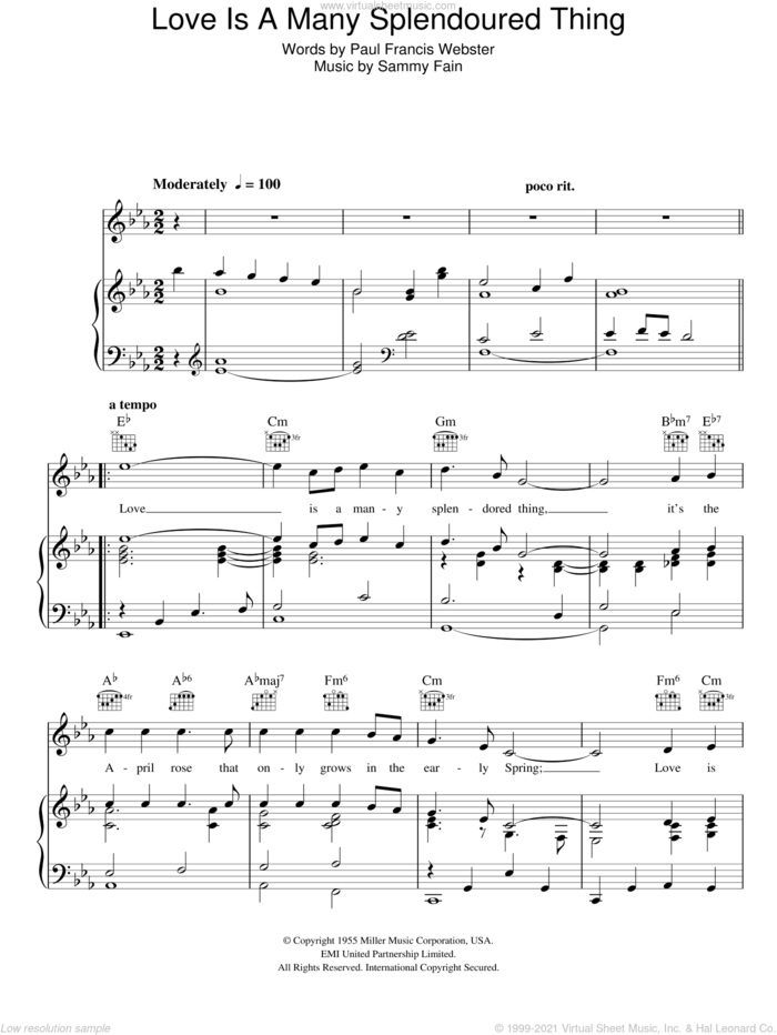 Love Is A Many Splendoured Thing sheet music for voice, piano or guitar by Sammy Fain and Paul Francis Webster, intermediate skill level