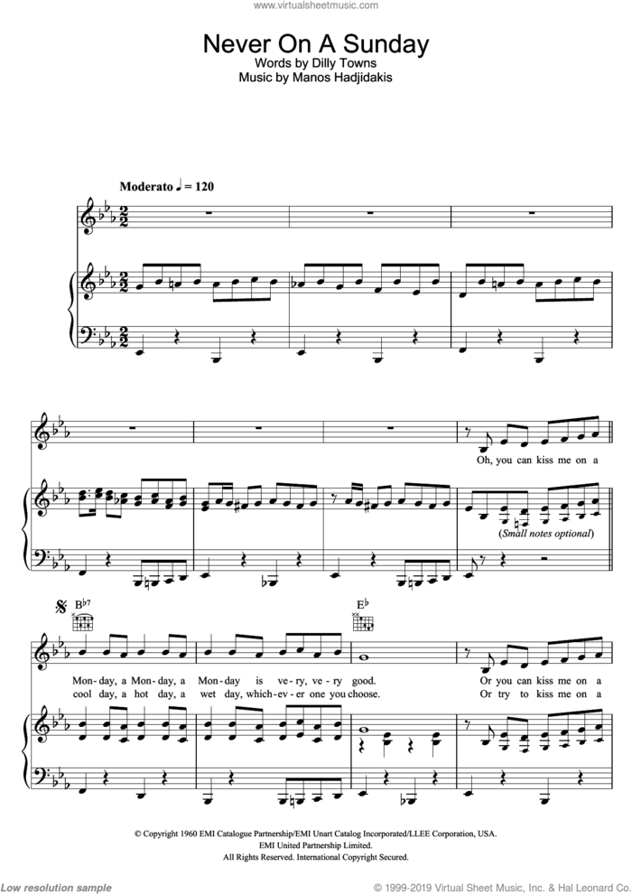 Never On Sunday sheet music for voice, piano or guitar by Manos Hadjidakis and Dilly Towns, intermediate skill level