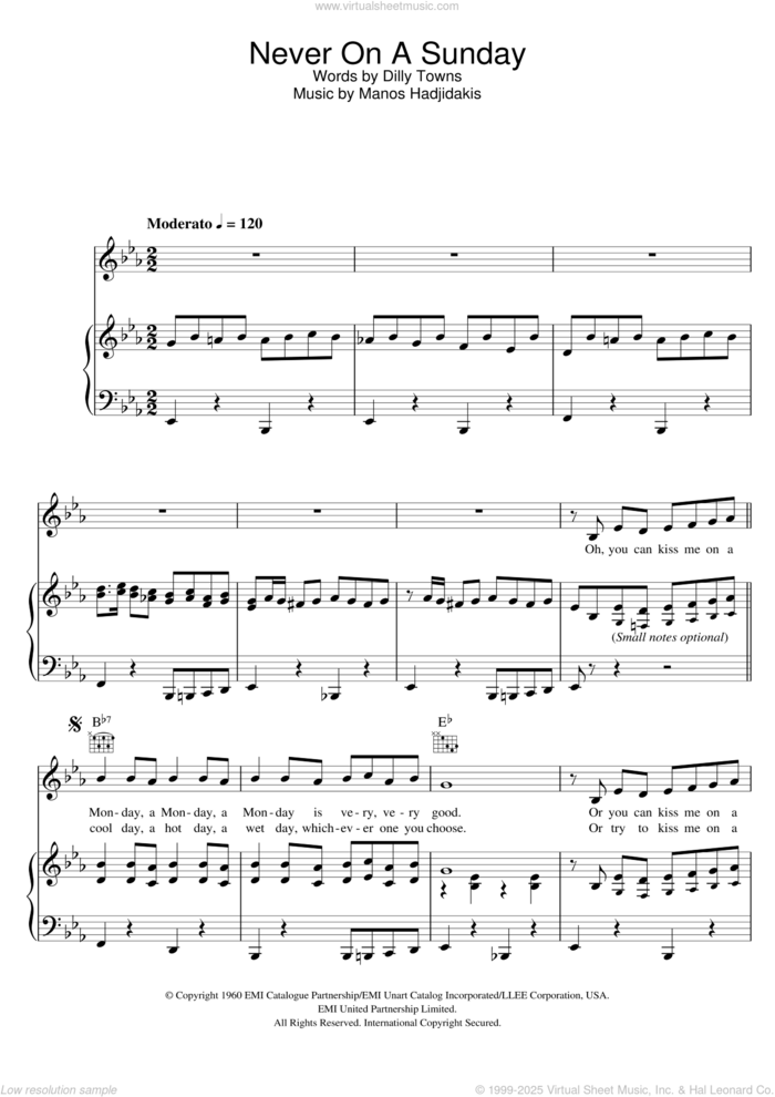 Never On Sunday sheet music for voice, piano or guitar by Manos Hadjidakis and Dilly Towns, intermediate skill level