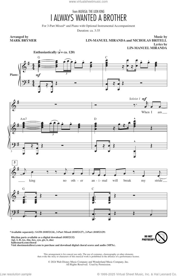 I Always Wanted A Brother (from Mufasa) (arr. Mark Brymer) sheet music for choir (3-Part Mixed) by Lin-Manuel Miranda, Mark Brymer and Nicholas Britell, intermediate skill level