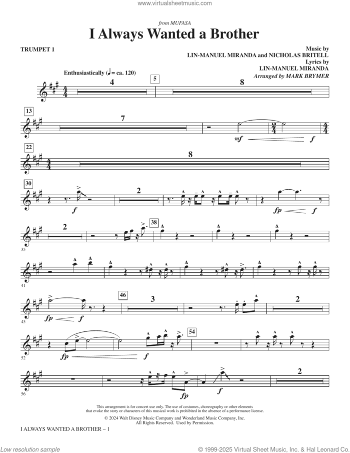 I Always Wanted A Brother (from Mufasa) sheet music for orchestra/band (trumpet 1) by Lin-Manuel Miranda, Mark Brymer and Nicholas Britell, intermediate skill level