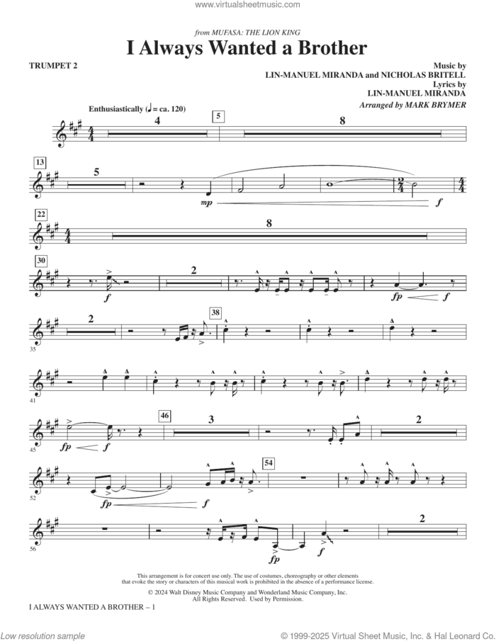 I Always Wanted A Brother (from Mufasa) sheet music for orchestra/band (trumpet 2) by Lin-Manuel Miranda, Mark Brymer and Nicholas Britell, intermediate skill level