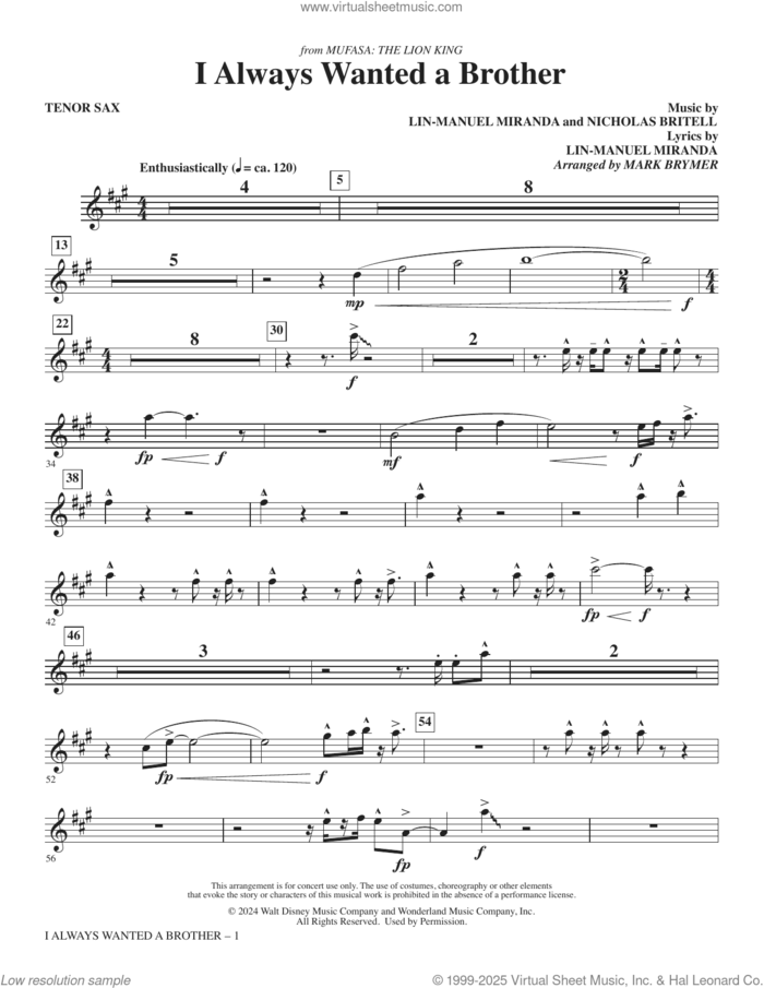 I Always Wanted A Brother (from Mufasa) sheet music for orchestra/band (tenor saxophone) by Lin-Manuel Miranda, Mark Brymer and Nicholas Britell, intermediate skill level