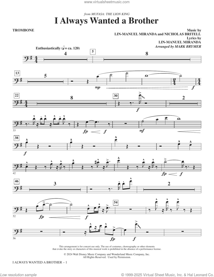 I Always Wanted A Brother (from Mufasa) sheet music for orchestra/band (trombone) by Lin-Manuel Miranda, Mark Brymer and Nicholas Britell, intermediate skill level