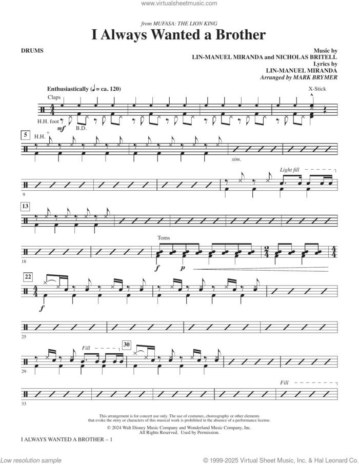 I Always Wanted A Brother (from Mufasa) sheet music for orchestra/band (drums) by Lin-Manuel Miranda, Mark Brymer and Nicholas Britell, intermediate skill level